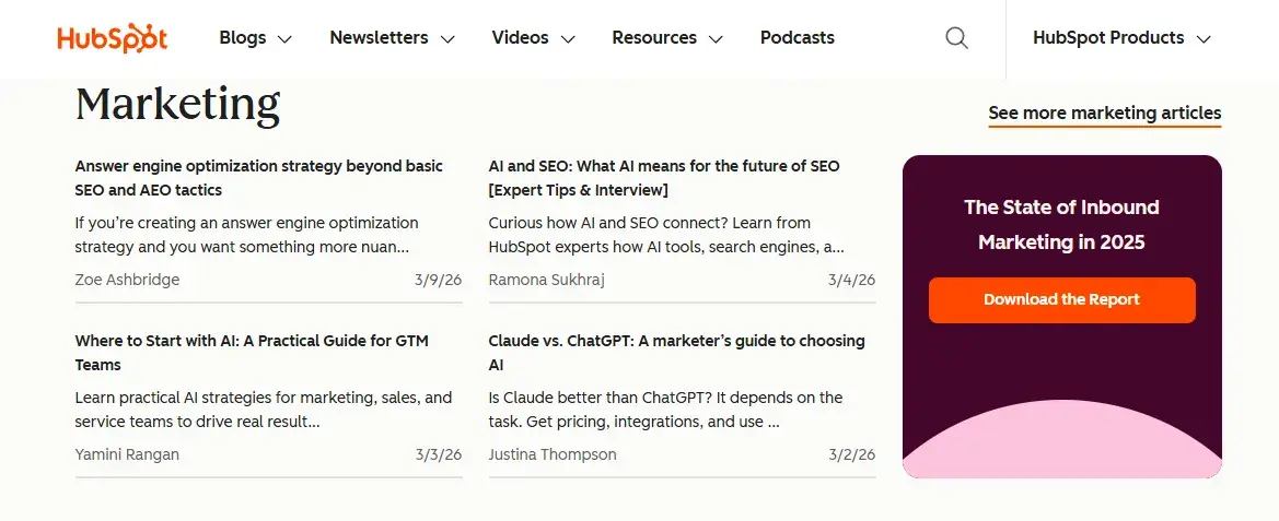 seo single page vs multiple pages, HubSpot blog multi pages example
