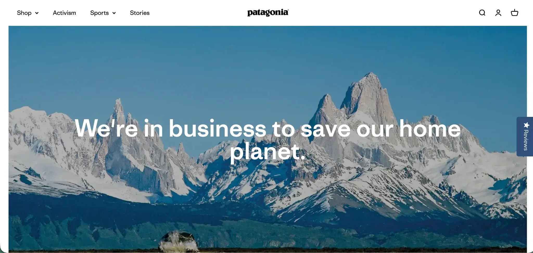 Patagonia website homepage displaying branding message about environmental mission
