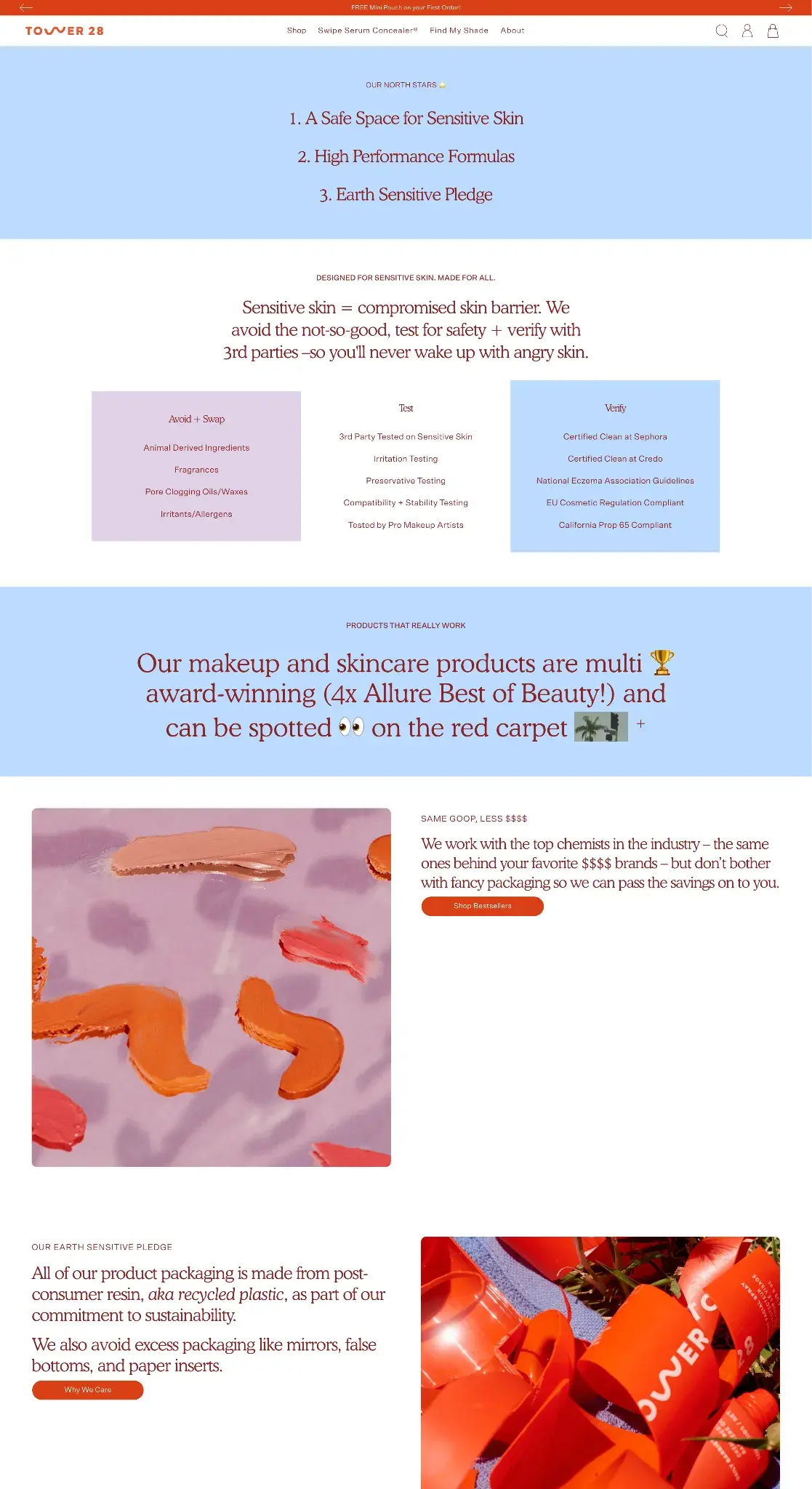 Tower 28 beauty brand website showcasing sensitive skin product branding and values