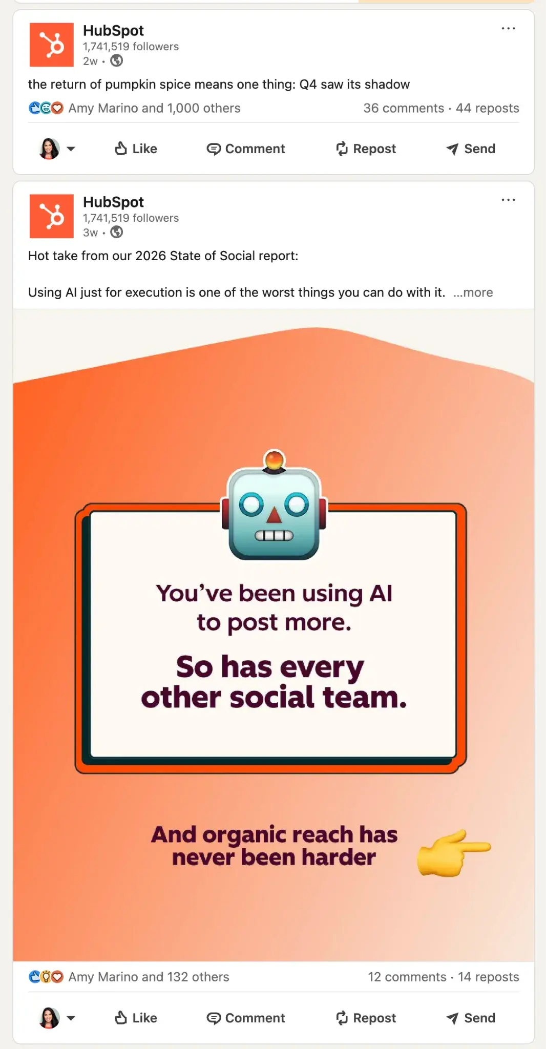 HubSpot LinkedIn posts demonstrating brand voice and messaging consistency