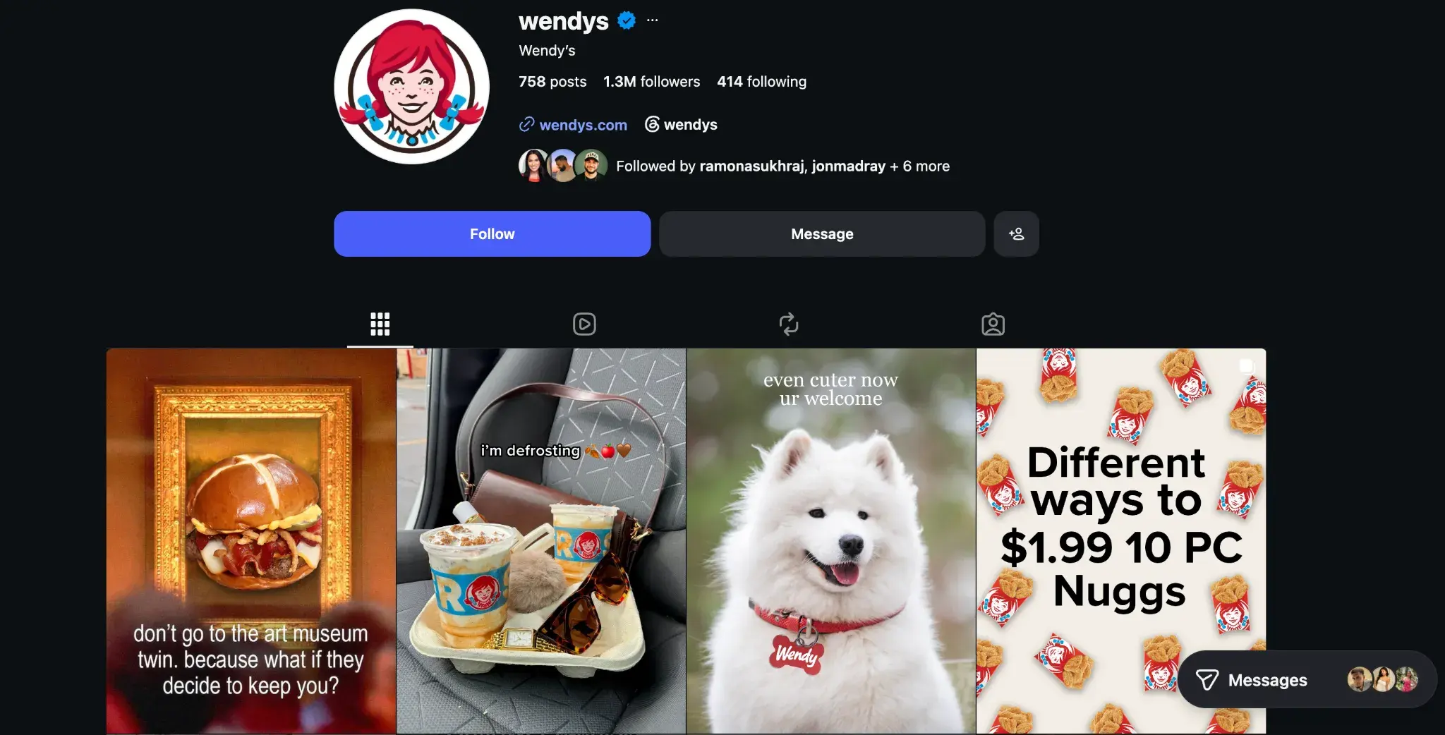 Wendy's Instagram profile showcasing consistent brand personality and visual identity
