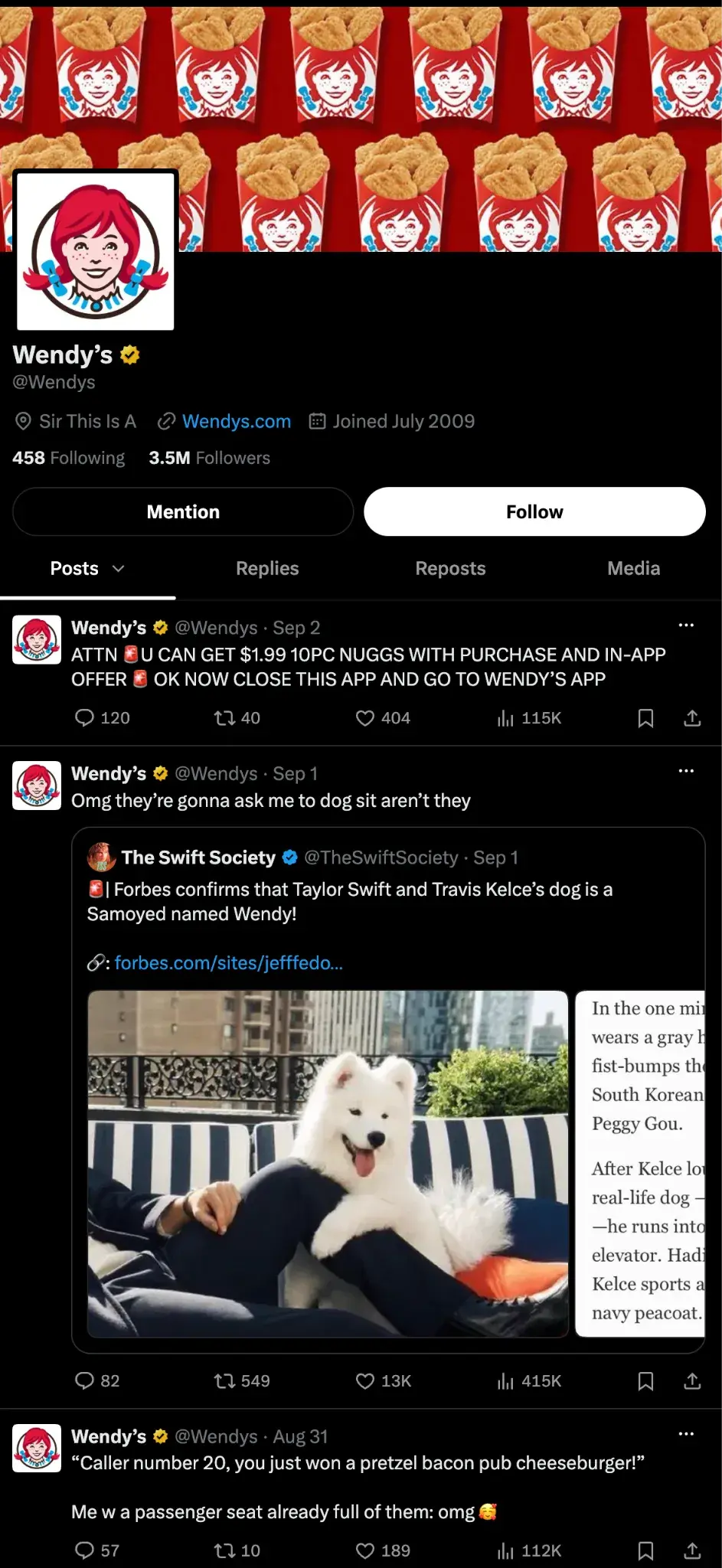 Wendy's Twitter feed demonstrating humorous brand voice and engagement strategy