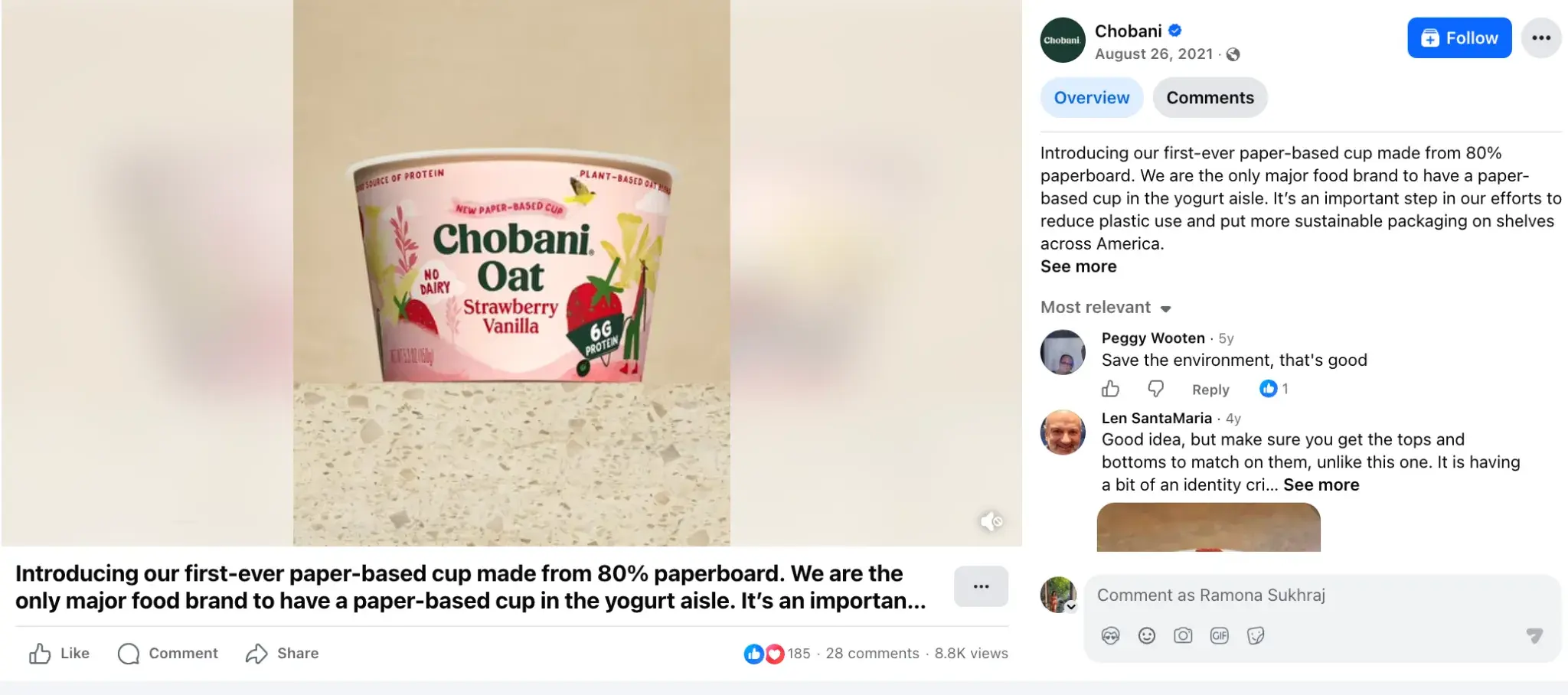 Chobani Facebook post about sustainable packaging reflecting brand values and identity