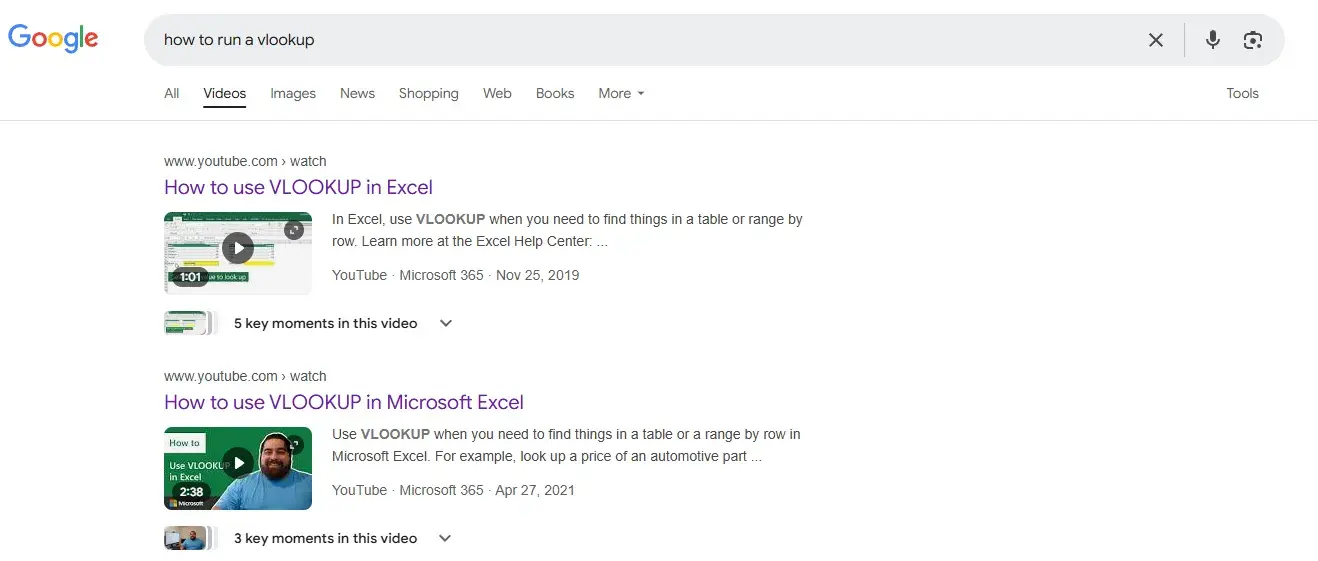 screenshot of google search for how to run a vlookup and top two results