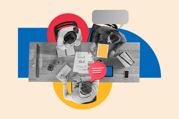 breakout session: image shows bird's eye view of people sitting at a table together working 