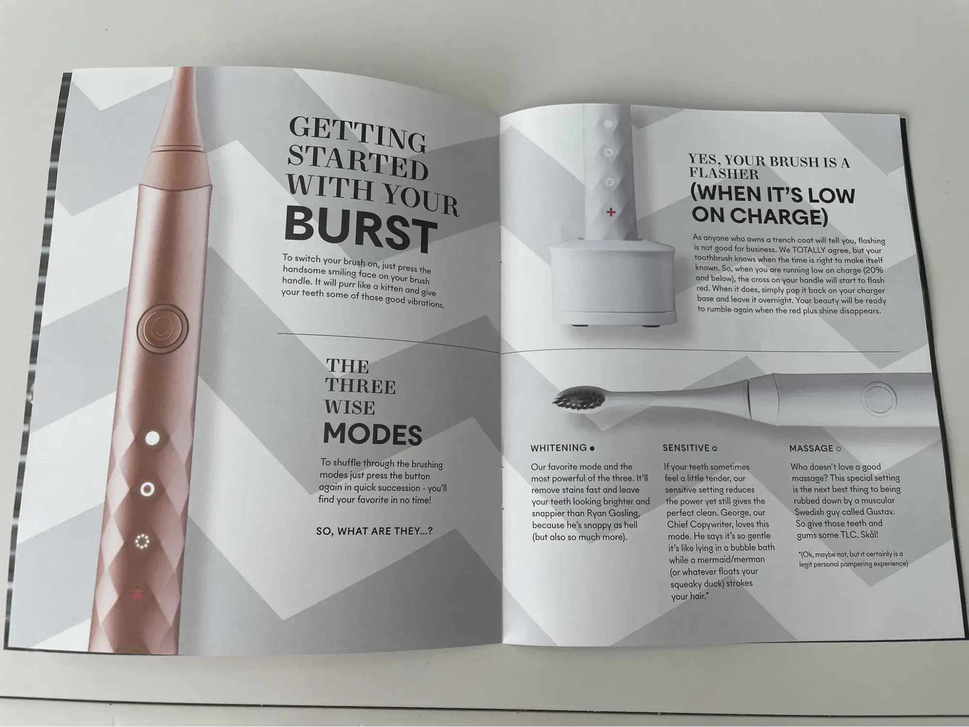 brochure website example: burst oral care brochure showing how to use its electric toothbrushes