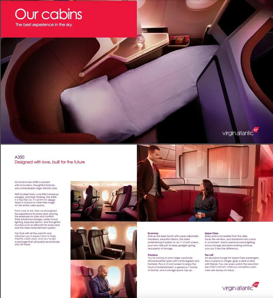 brochure website example: virgin atlantic brochure encouraging flyers to have the first-class cabin experience