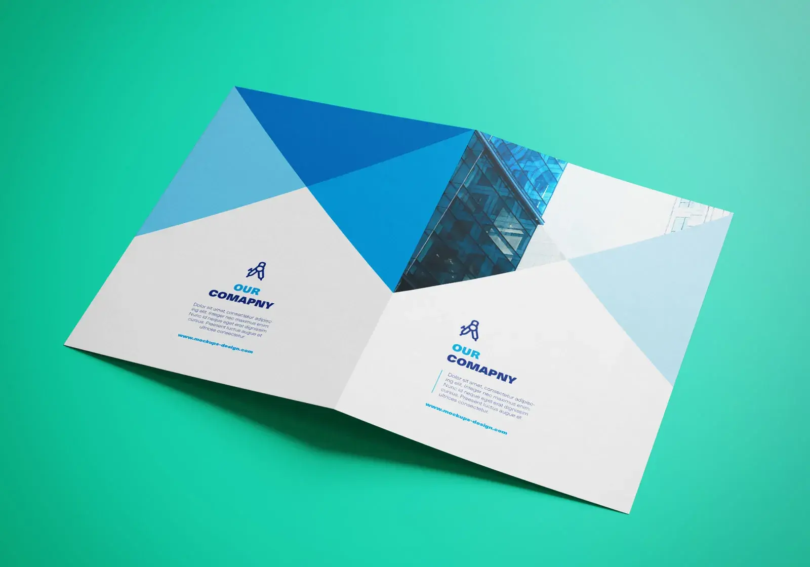 a blue and white brochure in the bi-fold format