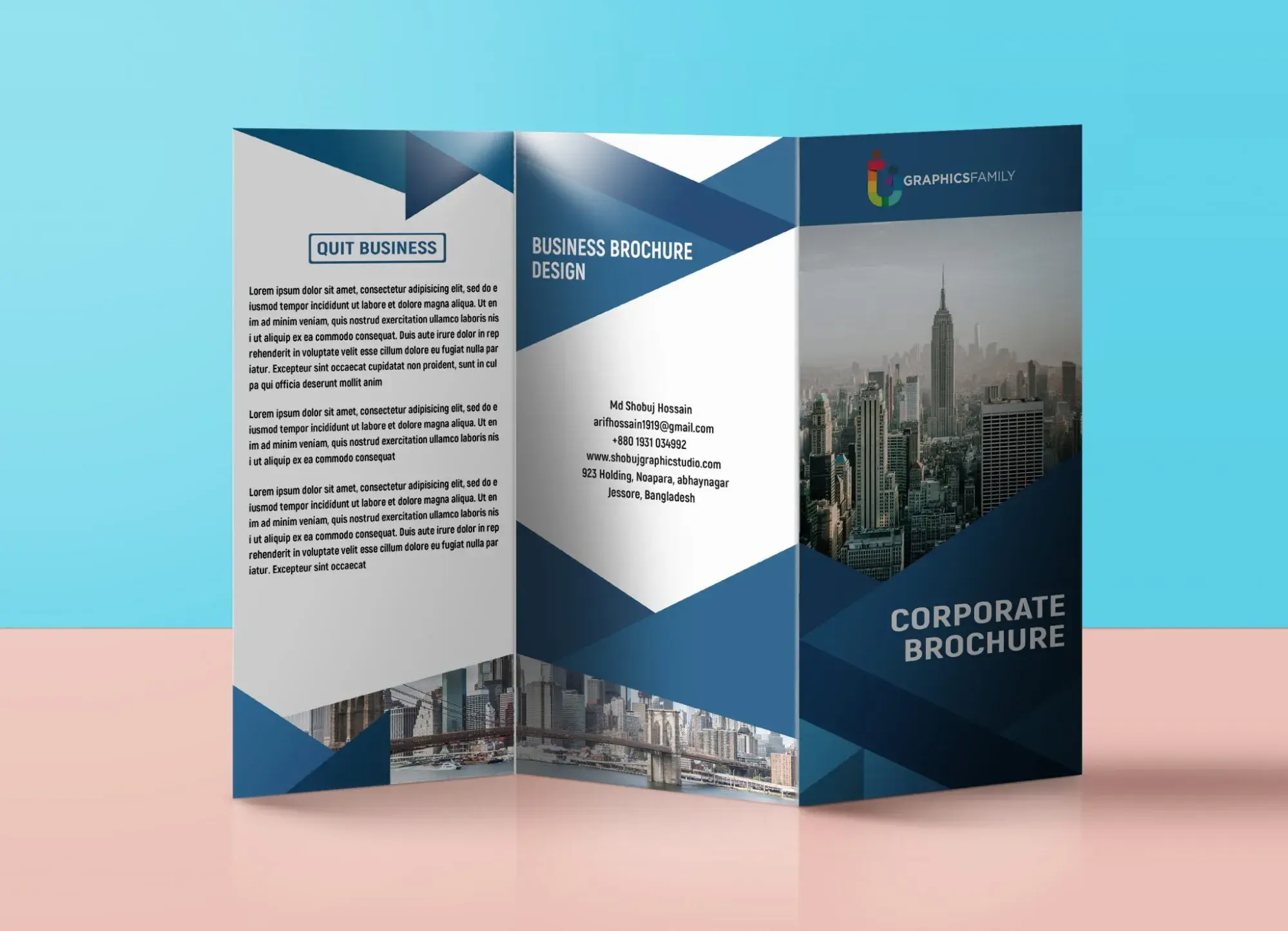 a brochure in the tri-fold format with a white background and blue borders