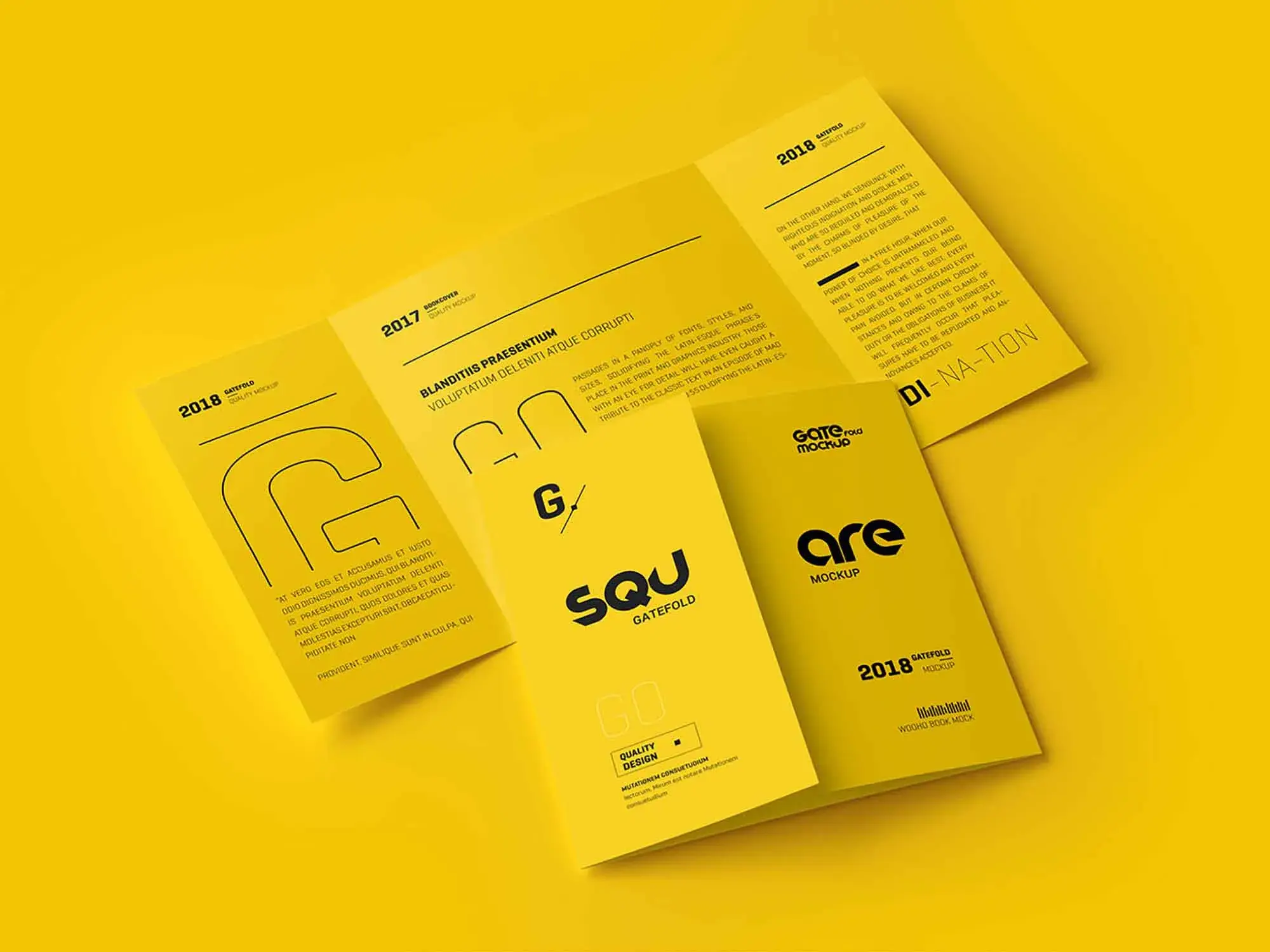 two gate-fold brochures with a yellow background and black text