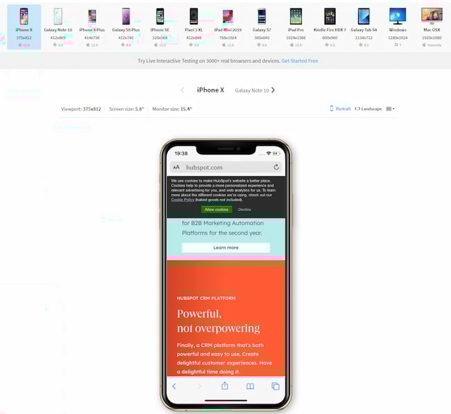 BrowserStack responsive design test