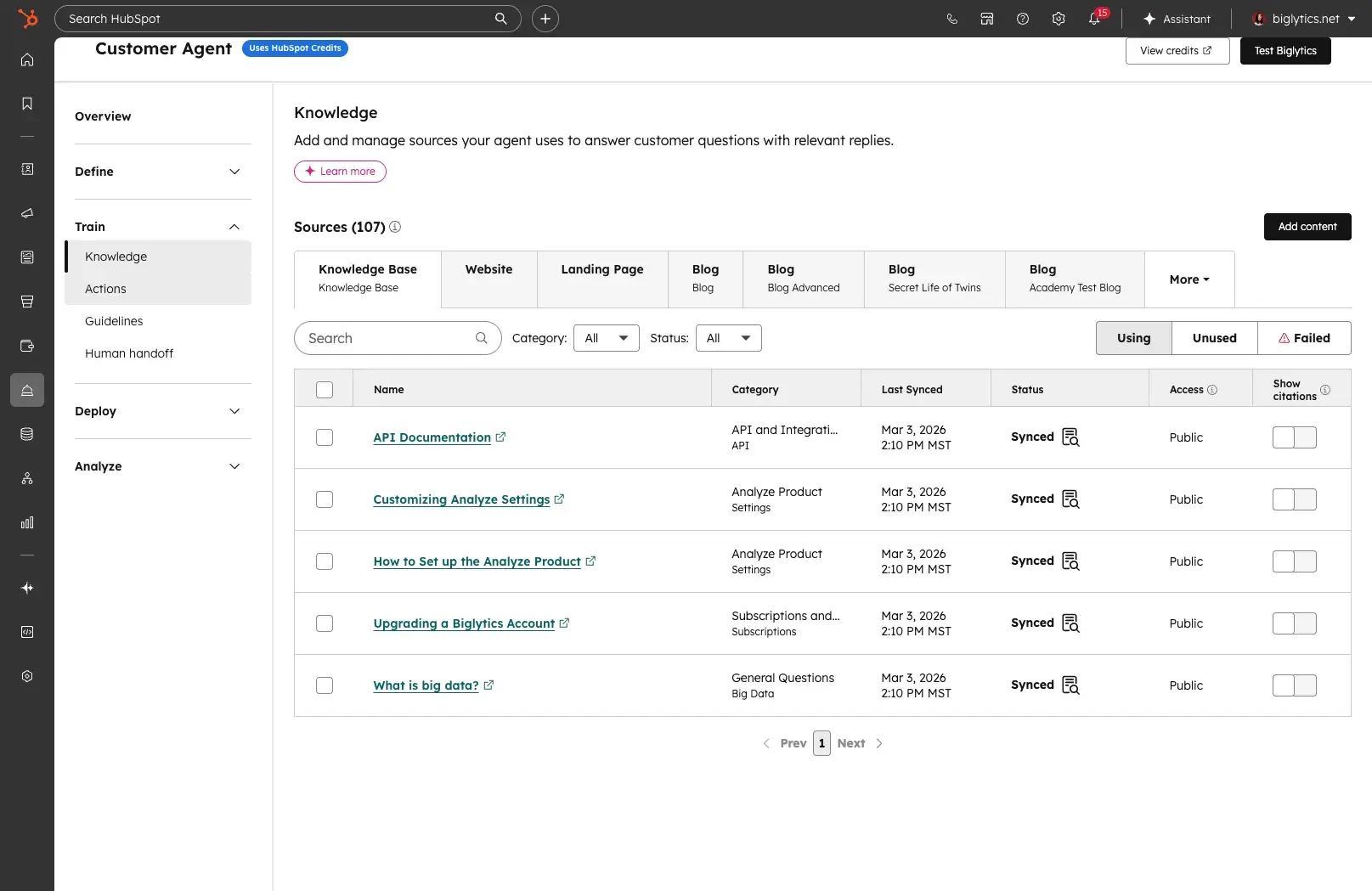 budget for ai credits, HubSpot Customer Agent interface displaying knowledge sources, training options, and synced documentation