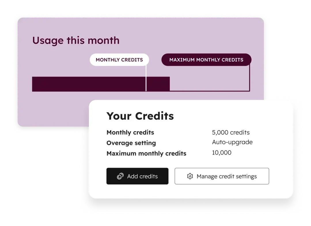 budget for ai credits, Credit usage dashboard showing monthly credits used, maximum monthly credits, and credit management options