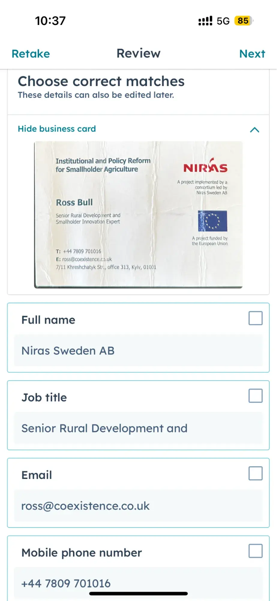 Correct matches in ̽ѡ Business Card Scanner