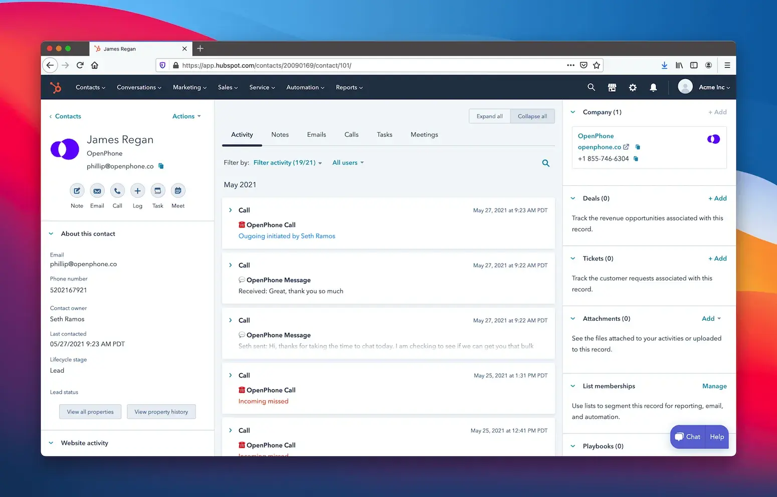 Screenshot of OpenPhone activities in ̽ѡ contact view.