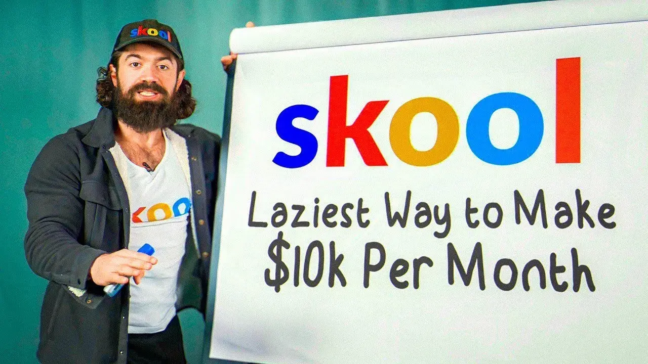 image of alex hormozi next to a huge sign that says skool then laziest way to make 10k per month underneath it