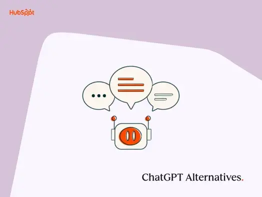 a hubspot-branded featured image graphic with a lilac background and a light pink shape in the foreground, with the words ��chatGPT alternatives�� in the bottom right-hand corner