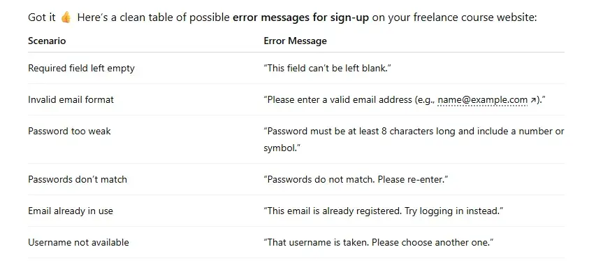use table to summarize response, chatgpt prompts for ux design