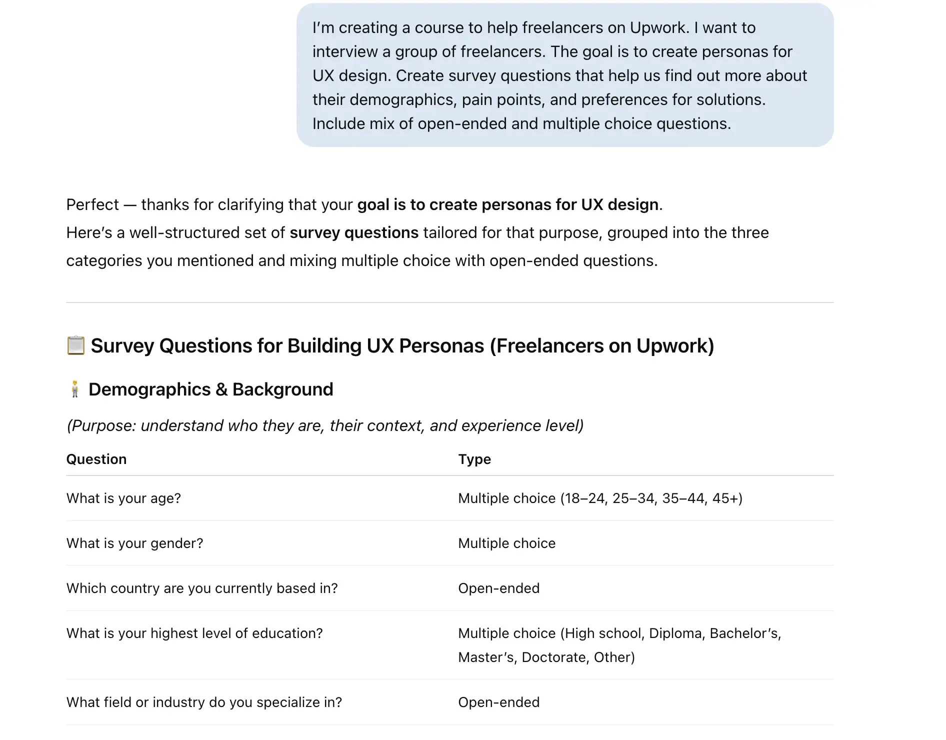 prompt for generating survey questions, chatgpt prompts for ux design