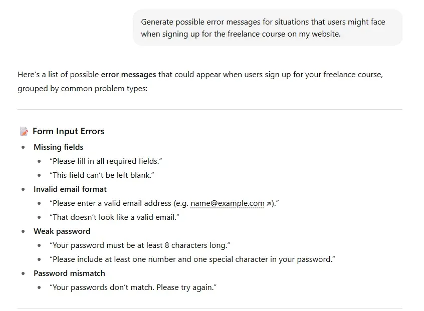 prompt for generating error messages, chatgpt prompts for ux design