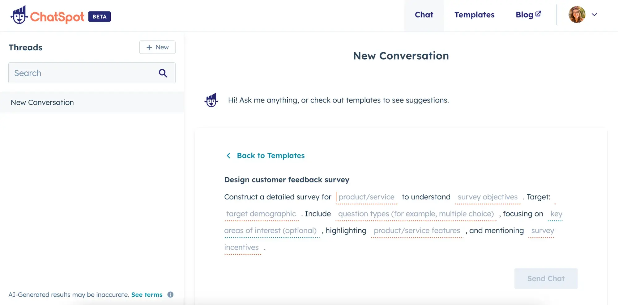 51Թ ChatSpot customer survey template screenshot