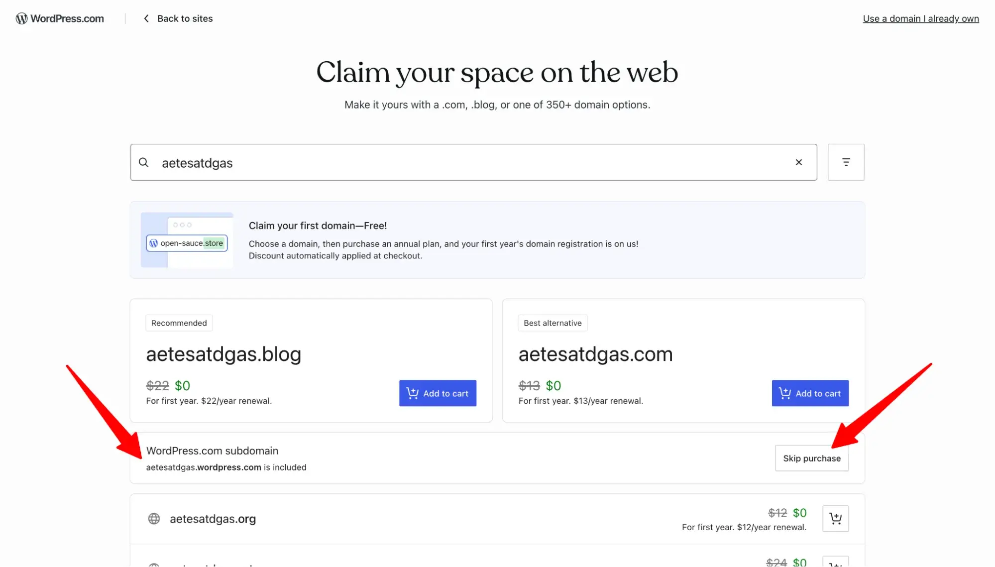how to find the “skip purchase” button on wordpress.com onboarding