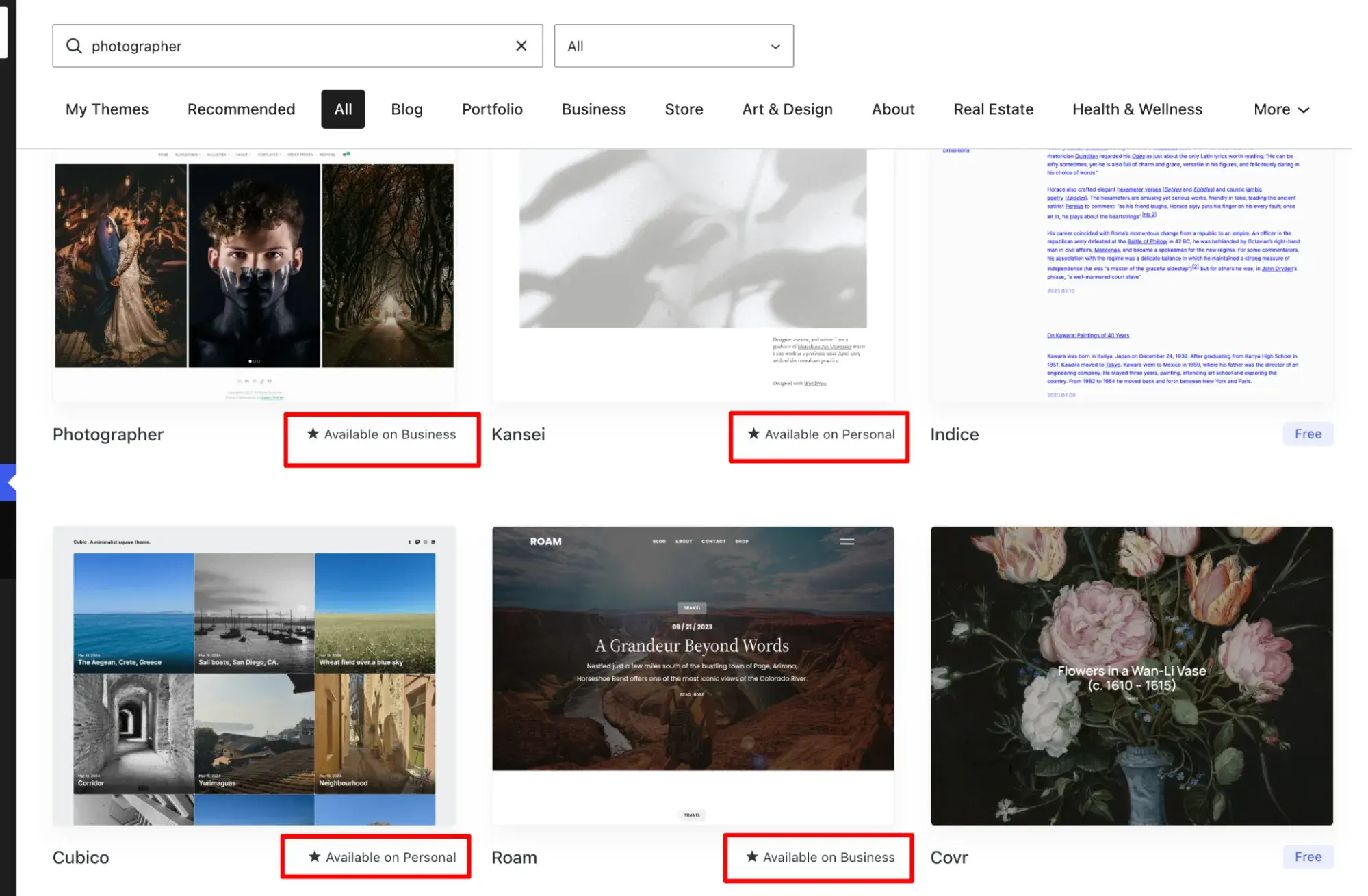 wordpress.com themes with “available on business” or “available on personal” labels