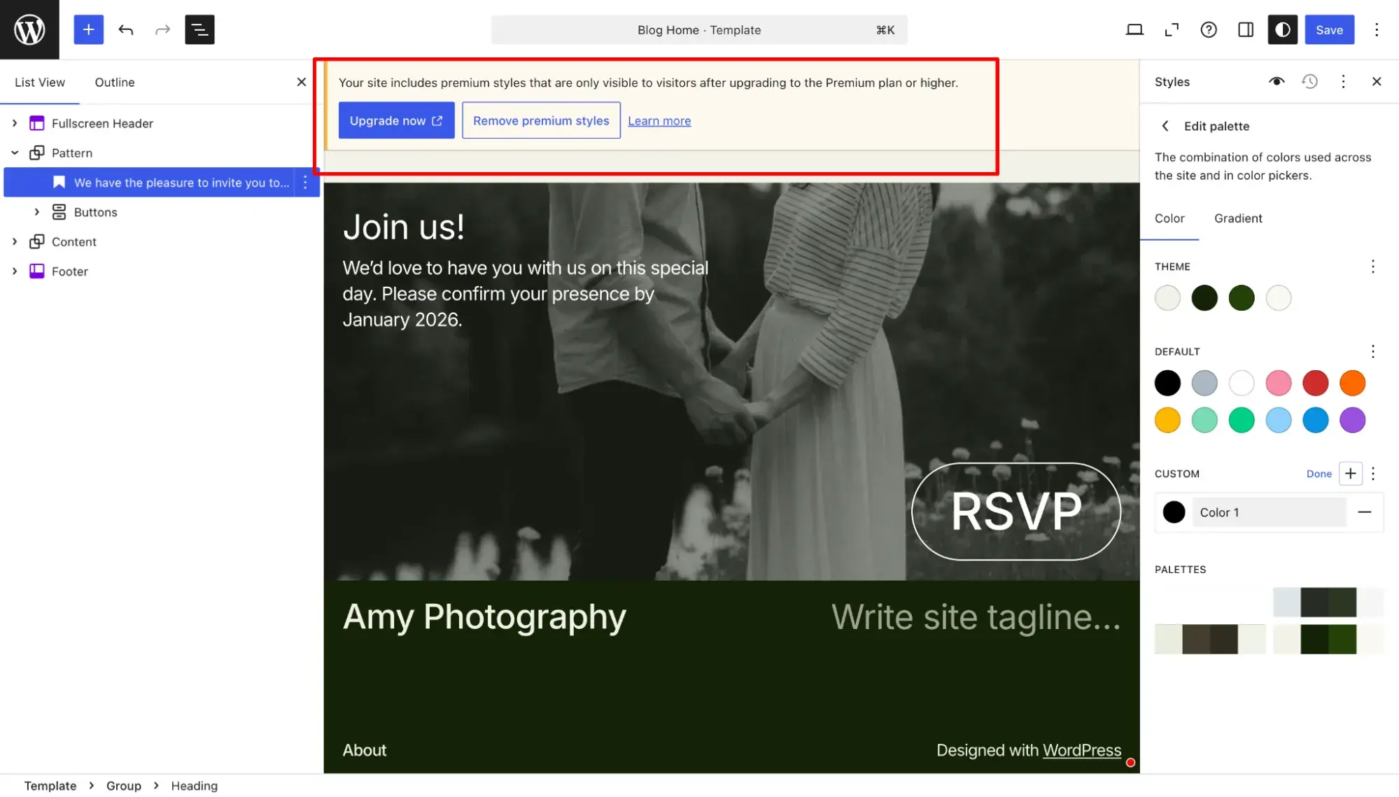 wordpress.com prompts the user to upgrade to premium plan to publish premium styles