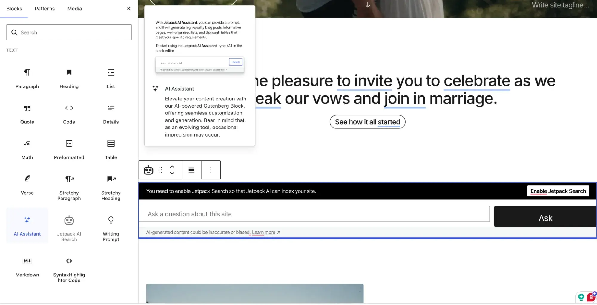 wordpress.com ai assistant block and jetpack ai search block in the editor