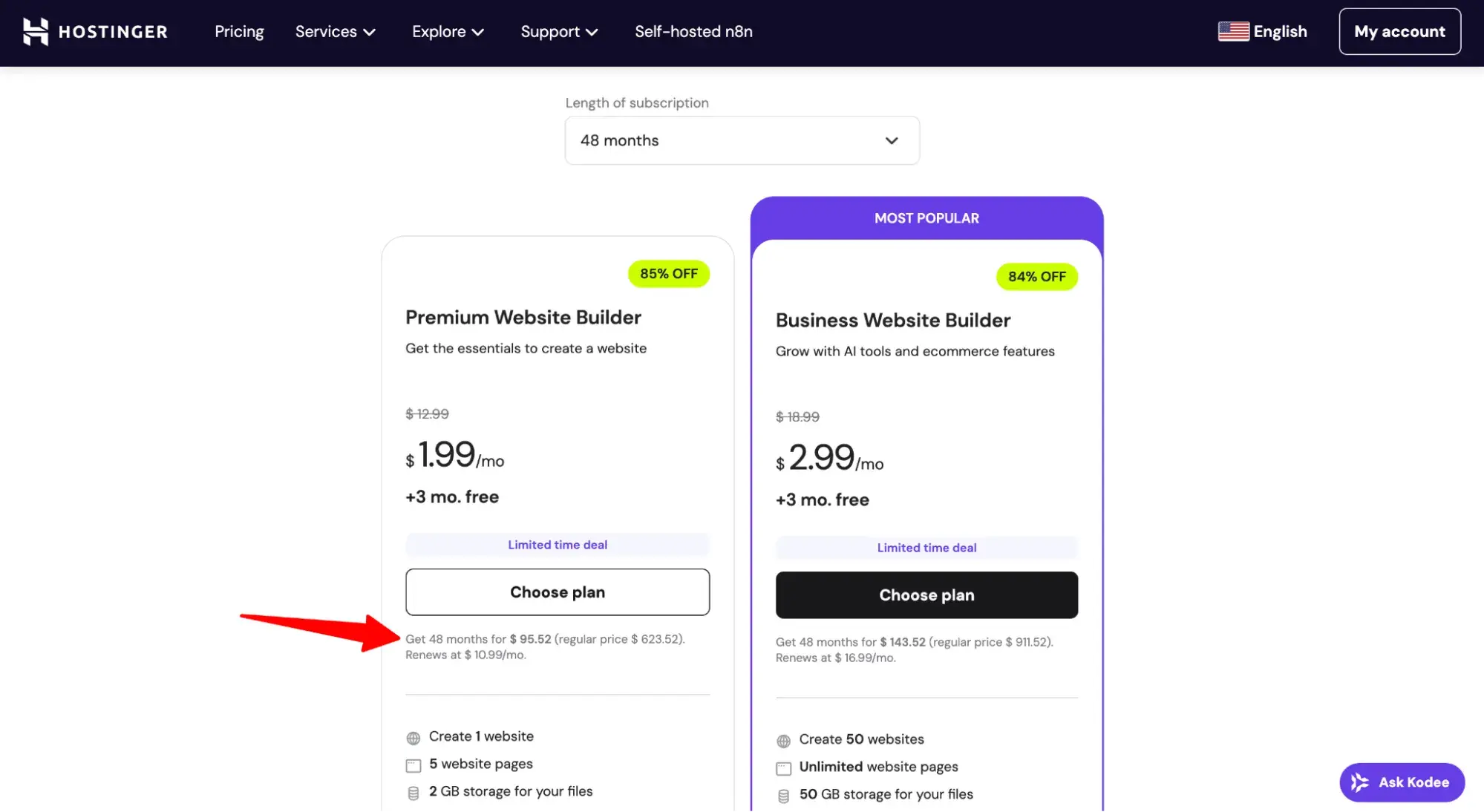 hostinger website builder pricing page showing a promotional price of $1.99/mo + 3 months free and smaller print that says it renews at $10.99/month