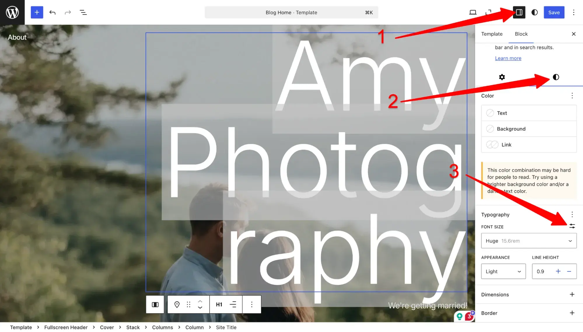 wordpress.com’s three-step process to change font size of hero image headline