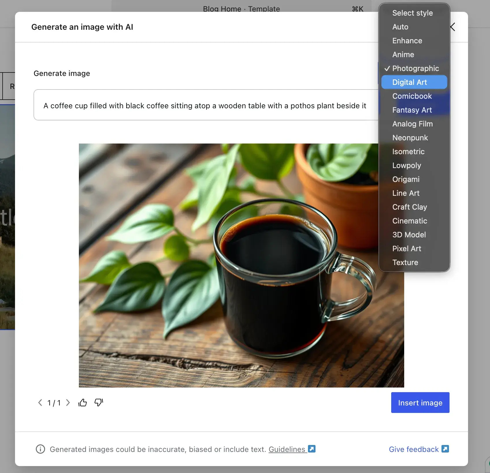 wordpress.com’s ai image generation showing an ai-generated image of a cup of coffee in front of a plant