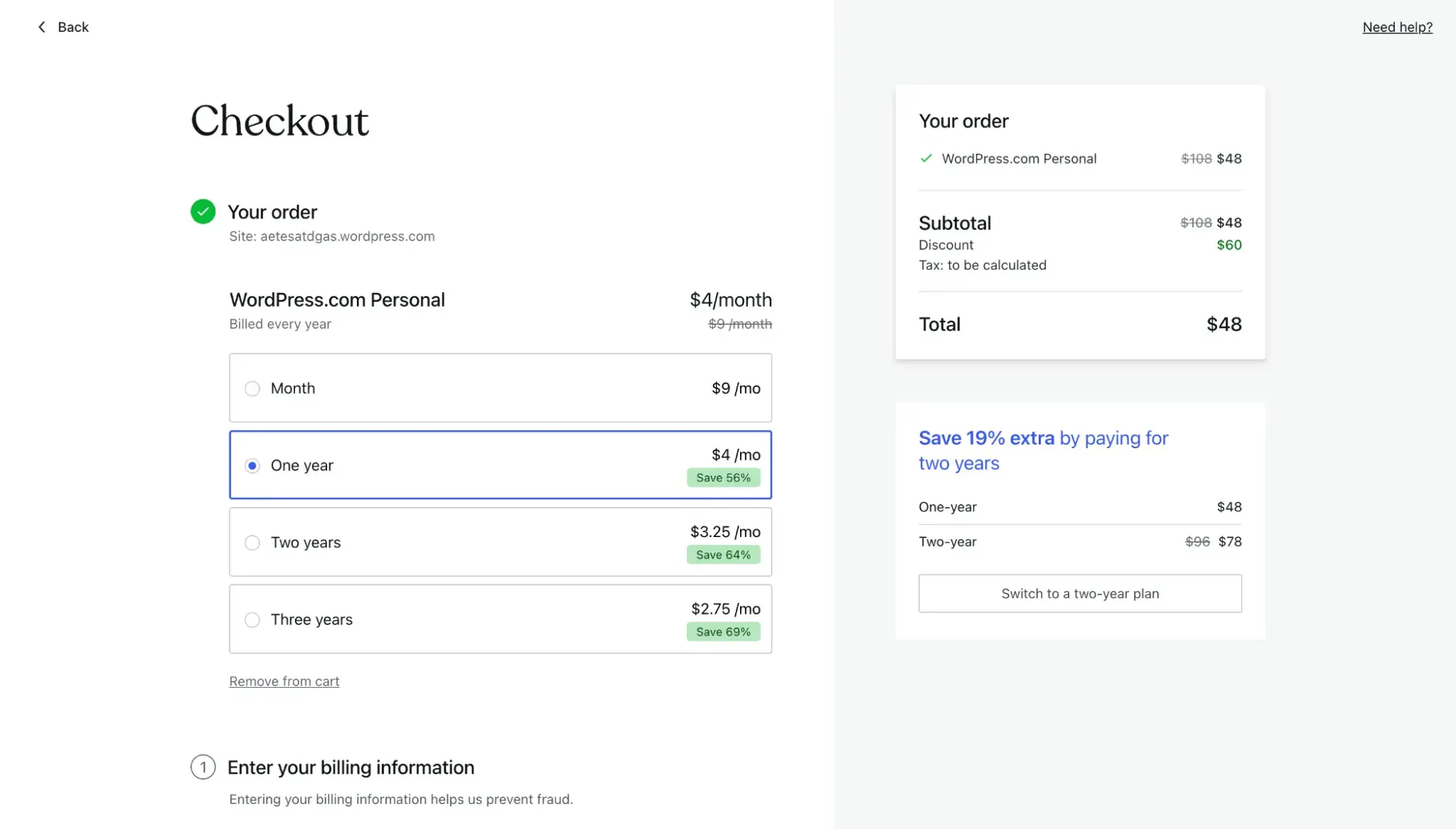 wordpress.com checkout page