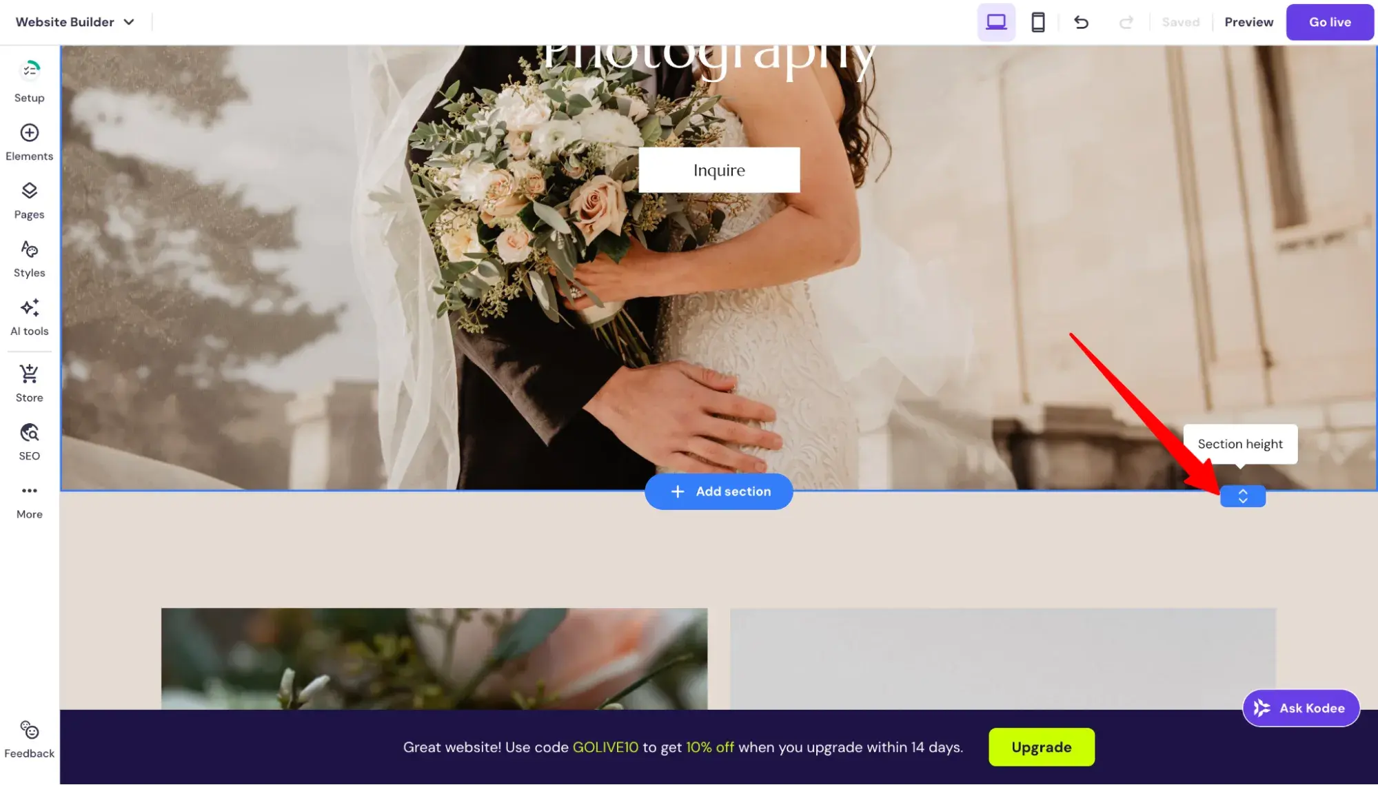 hostinger adjust section height