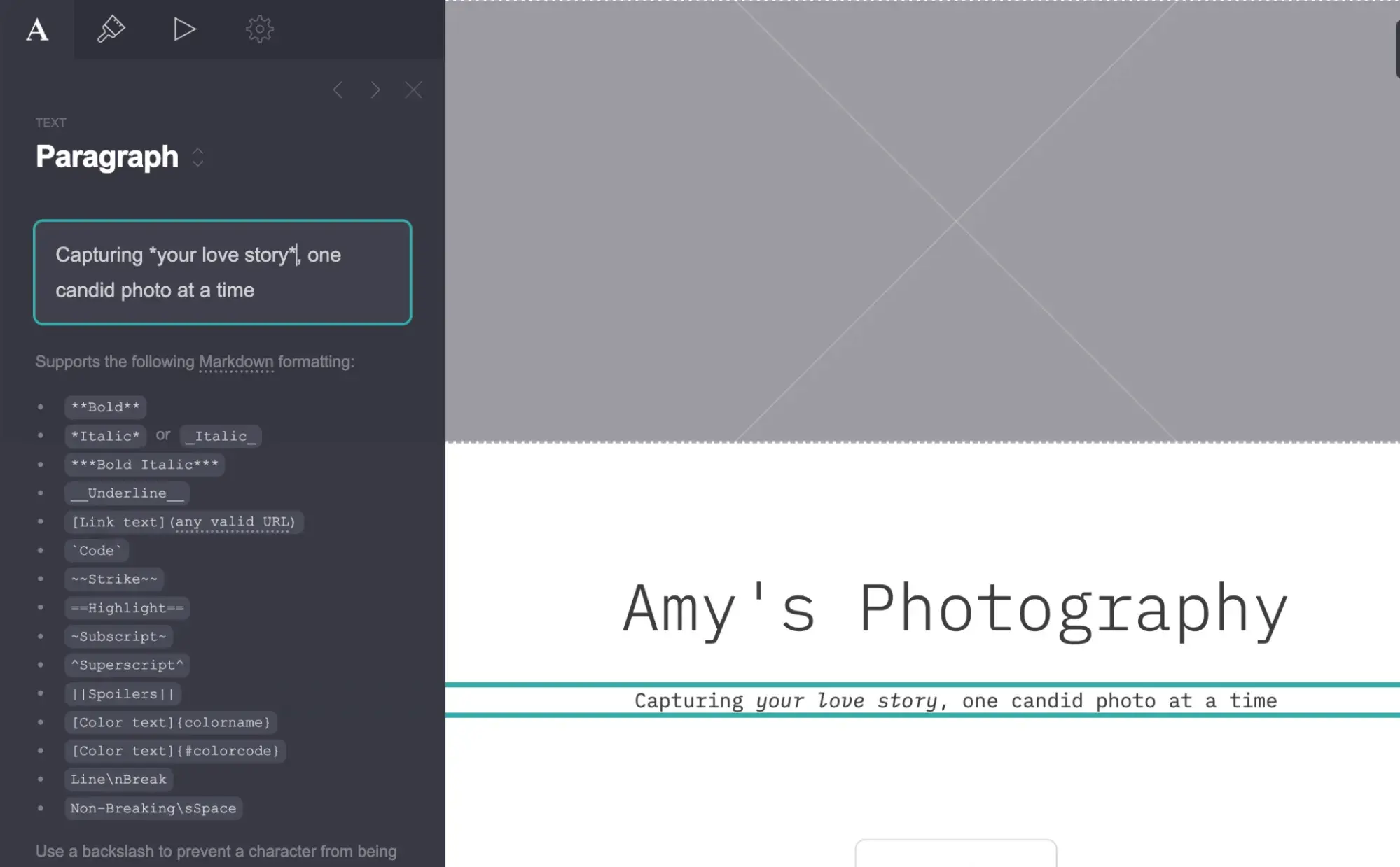 carrd’s visual editor showing markdown formatting to do things like bold, italicize, and underline text