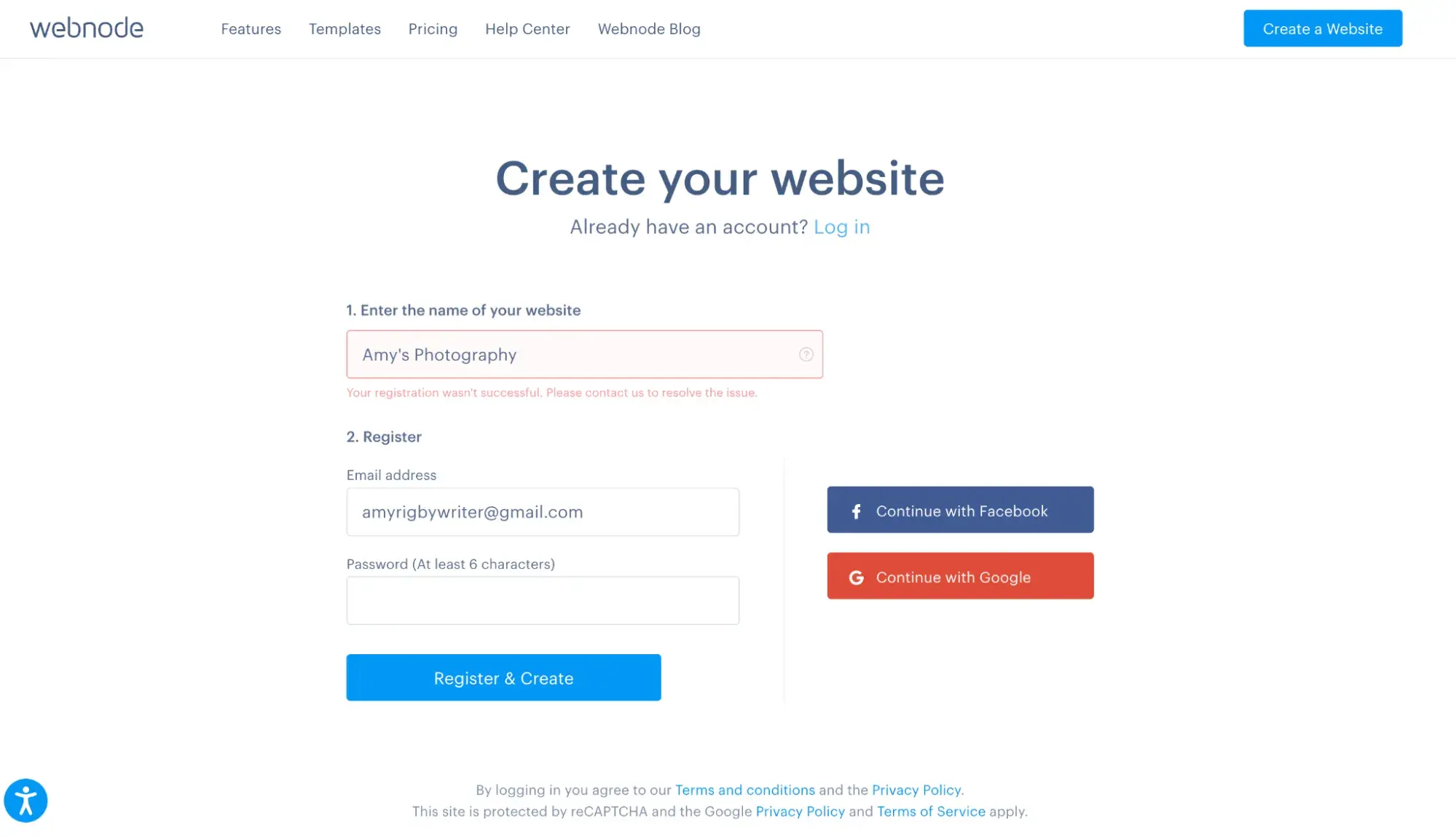 cheapest website builder: webnode with error upon signup