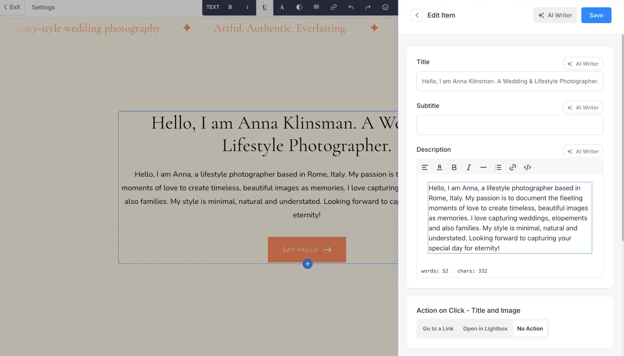 cheapest website builder: pixpa’s visual editor