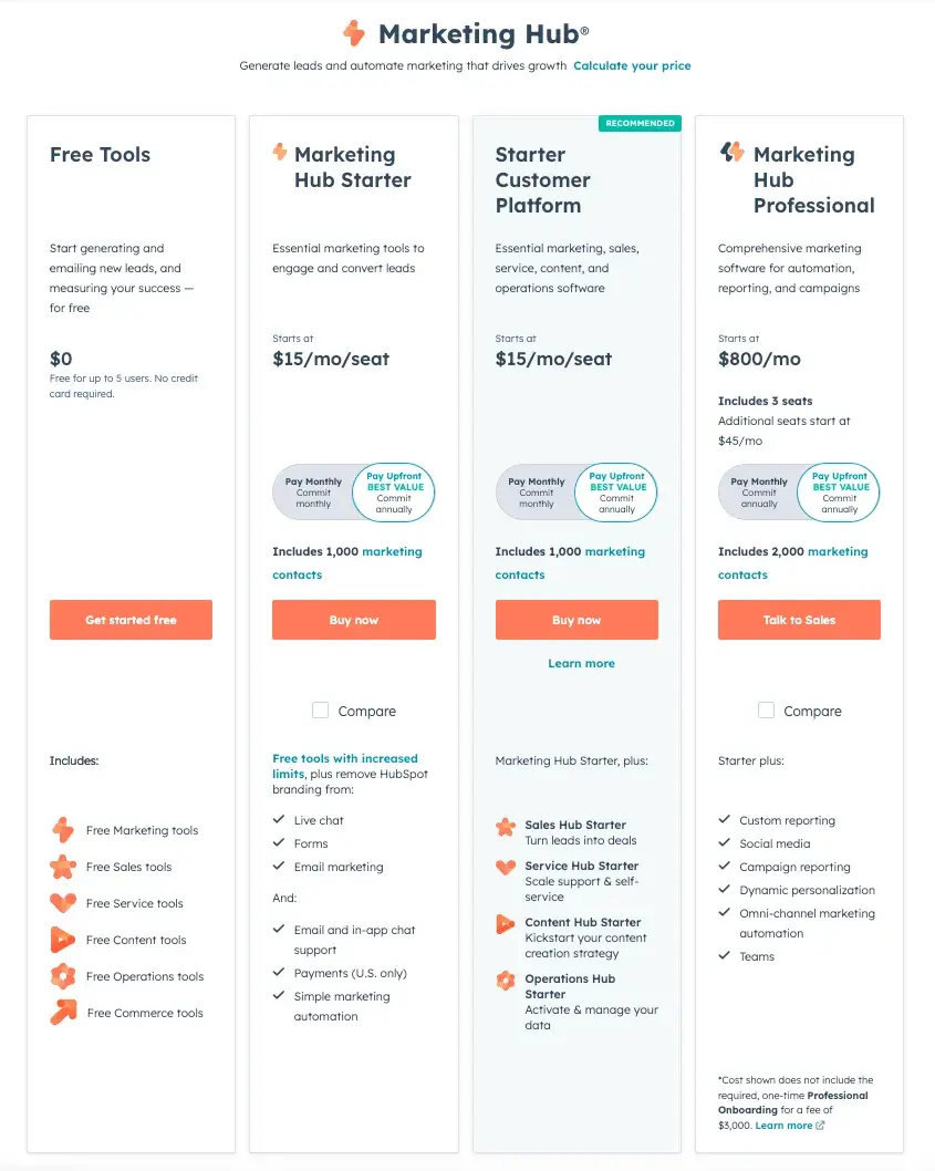 Screenshot of HubSpot tiered product offers to prevent choice paralysis