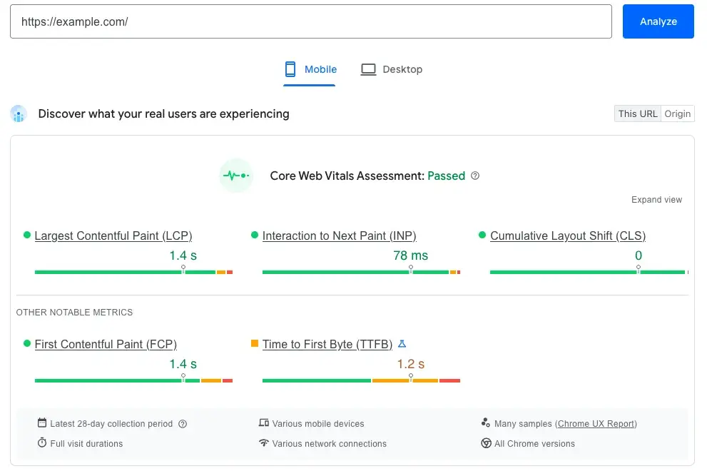 data from crux report, results page from google page speed insights