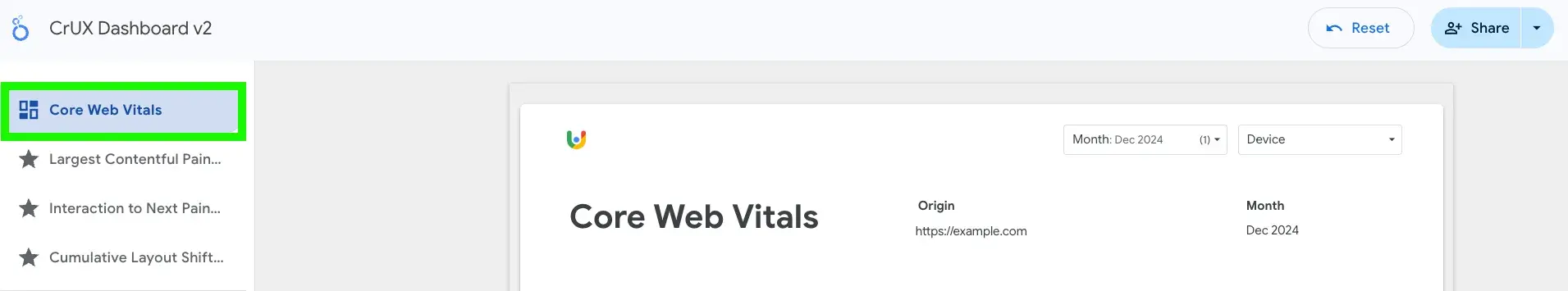 crux dashboard with left-hand menus with 3 core web vitals listed