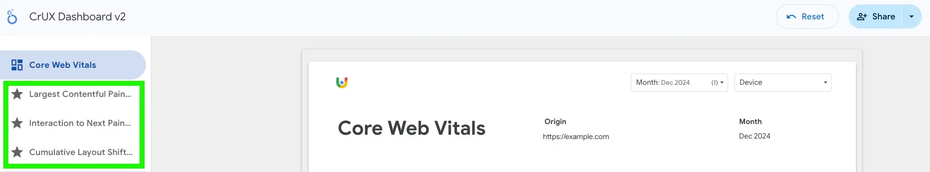 crux dashboard menu with menu for 3 core web vitals highlighted