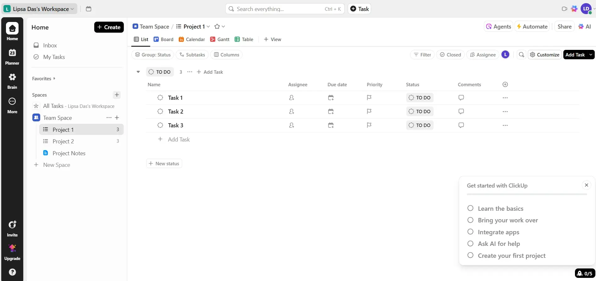 Clickup dashboard, tasks on clickup
