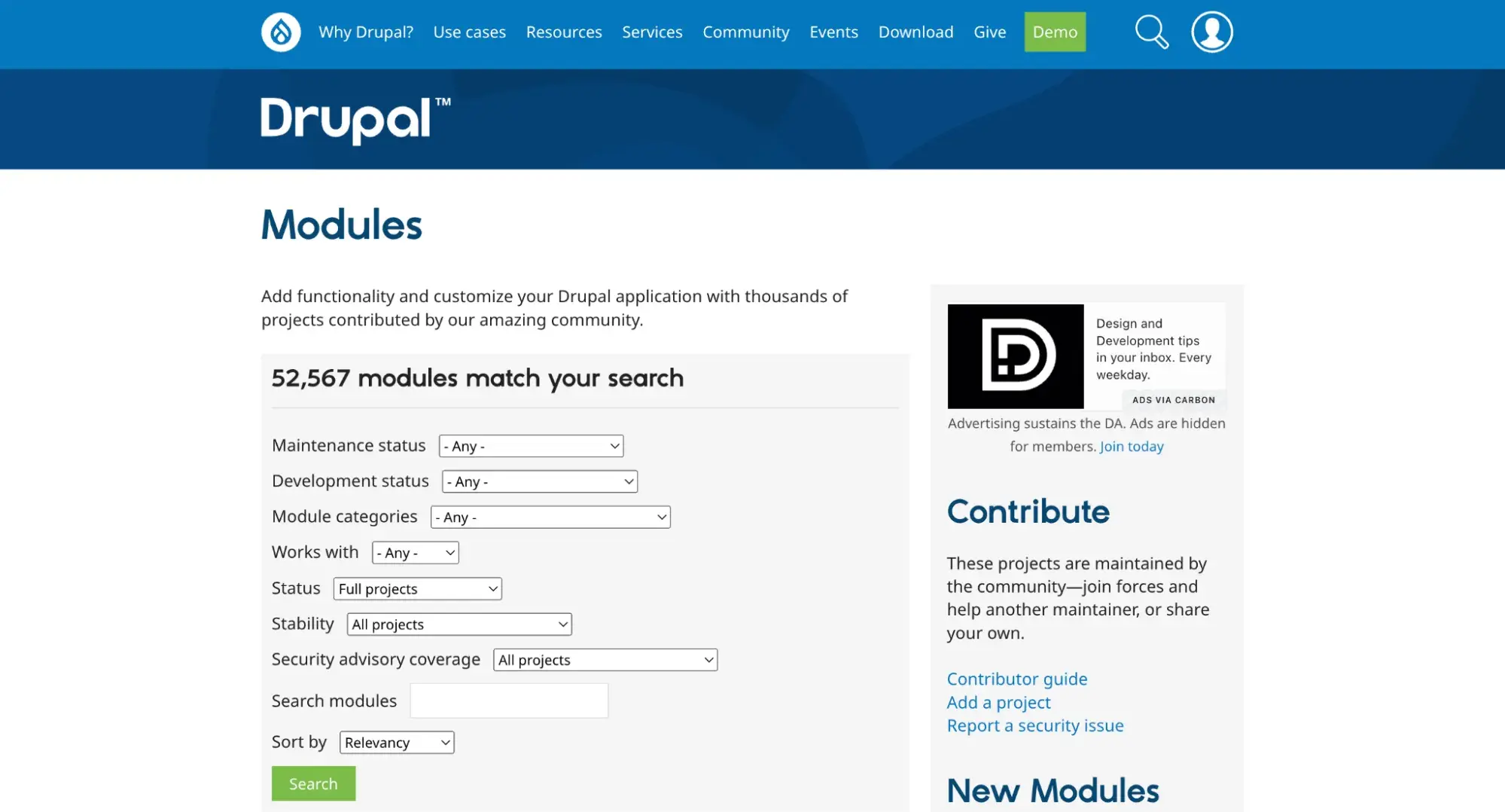 cms feature: search over 52,000 modules in drupals repository