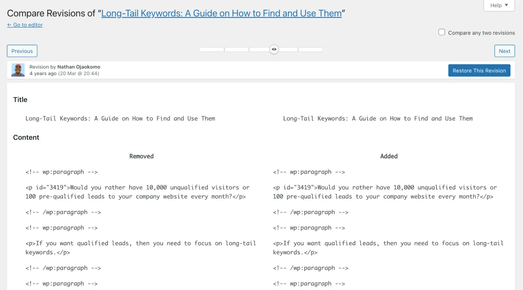 version history of blog content of wordpress