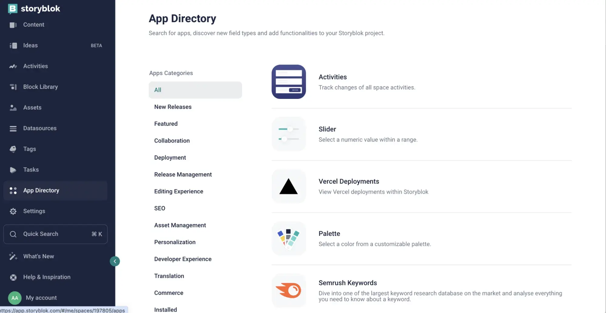 Storybloks app directory screenshot. The app directory lists apps contributing to Storyblok being one of the best SaaS content management systems.