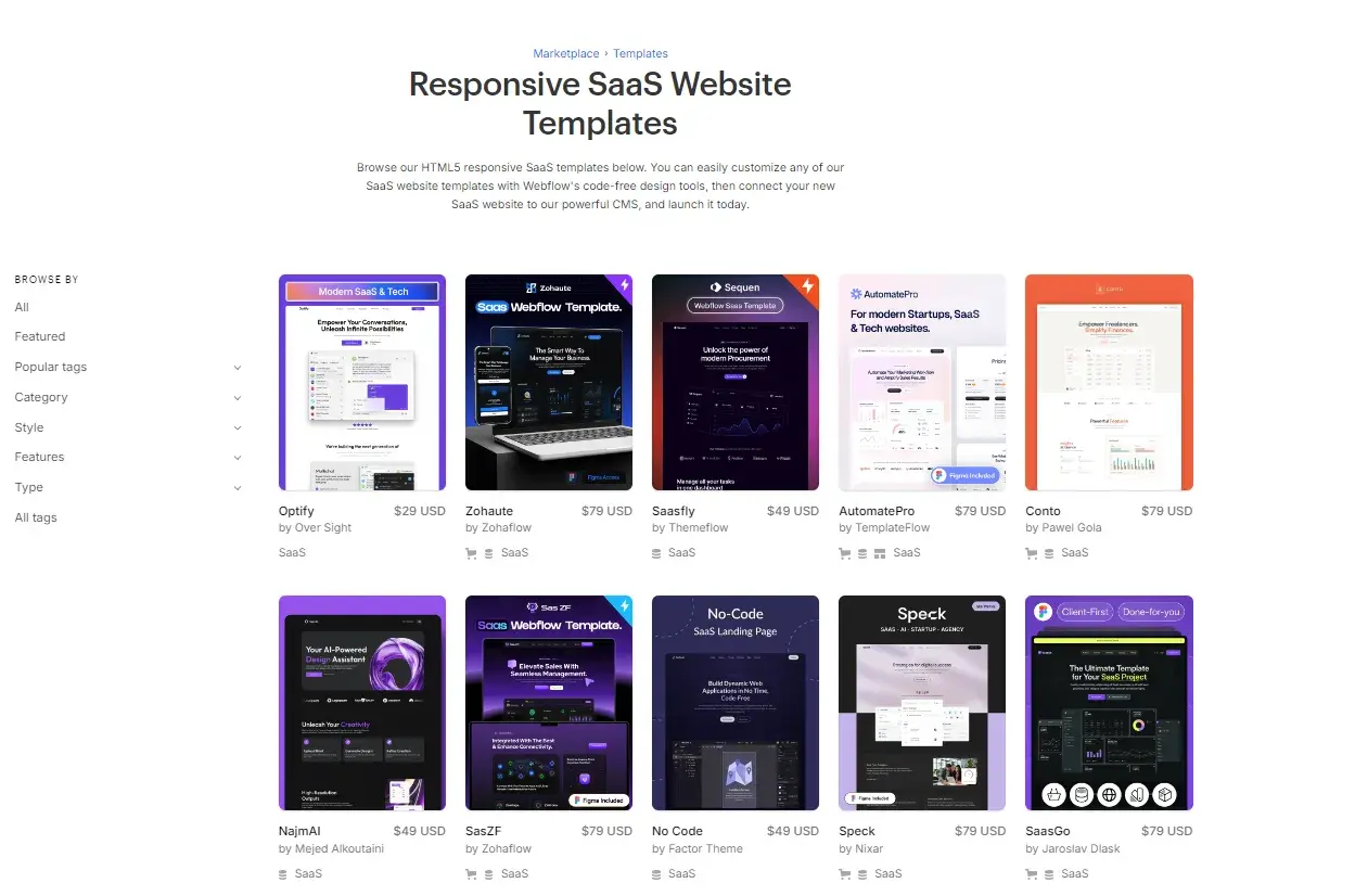 screenshot from Webflow, a CMS recommended for SaaS business. The screenshot shows Webflows responsive SaaS website templates that SaaS businesses can use for a small fee.
