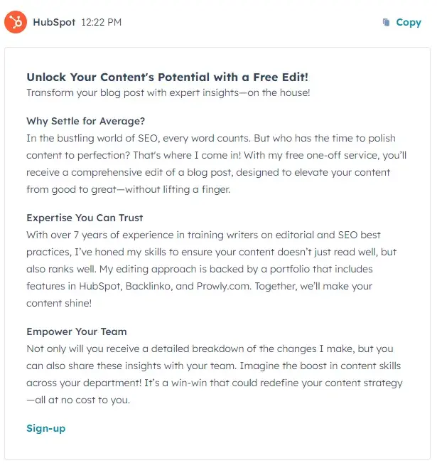 cold marketing email example from hubspots ai cold email generator