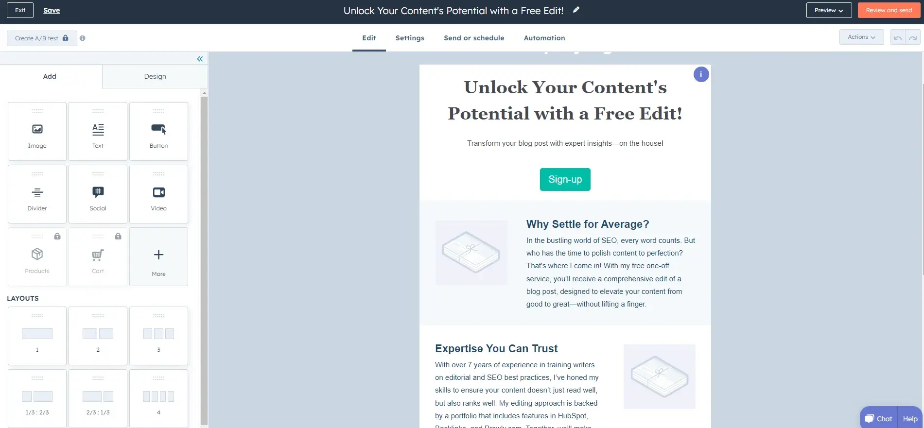 editing the layout of your marketing email with hubspots ai cold email generator