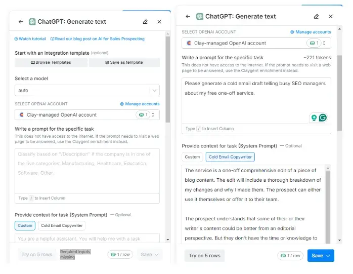 inputting the prompt and context for clays ai cold email generator