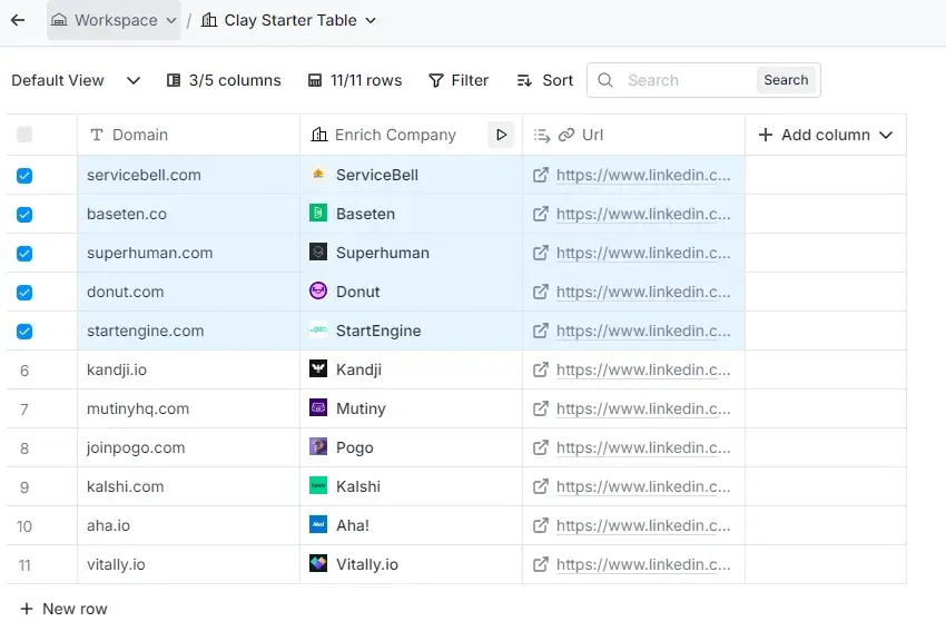 selecting up to five rows on the starter table for clays ai cold email generator